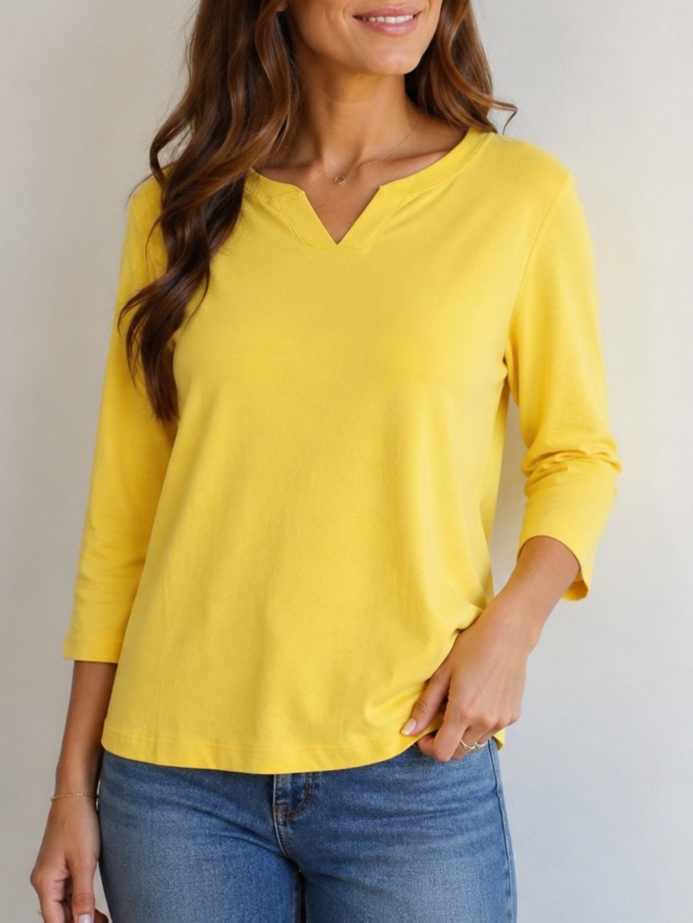 d&co Essentials QVC Yellow 3/4 Sleeve Notch Neck Cotton Top Size Small Modern